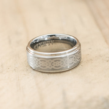 8mm Tungsten Ring Laser Engraved with an Celtic Design on Center Stripe
