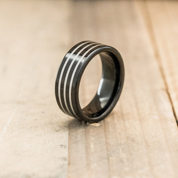 8mm Black Tungsten Carbide Ring with Three Stripes