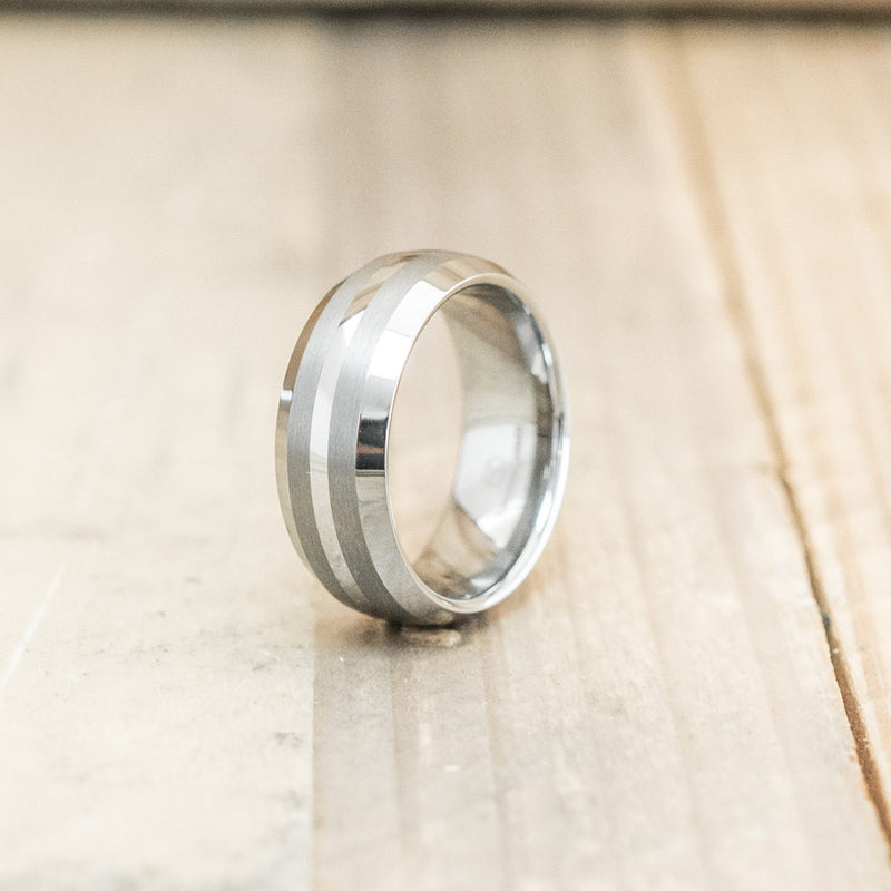 8mm Domed Tungsten Carbine Ring with a Brushed Double Center Stripe