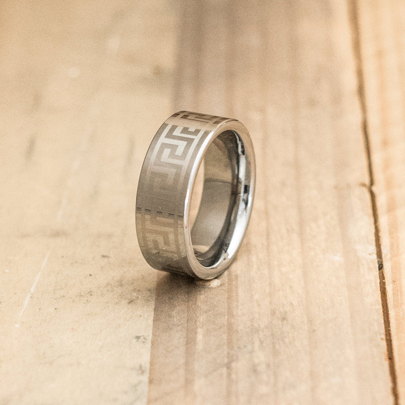 8mm Tungsten Carbide Ring with a Laser Engraved Greek Key Design