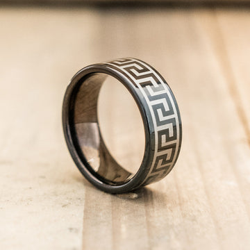 8mm Black Tungsten Carbide Greek Key Design Ring