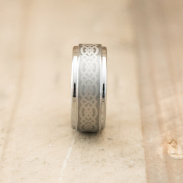 8mm Tungsten Ring Laser Engraved with an Celtic Design on Center Stripe